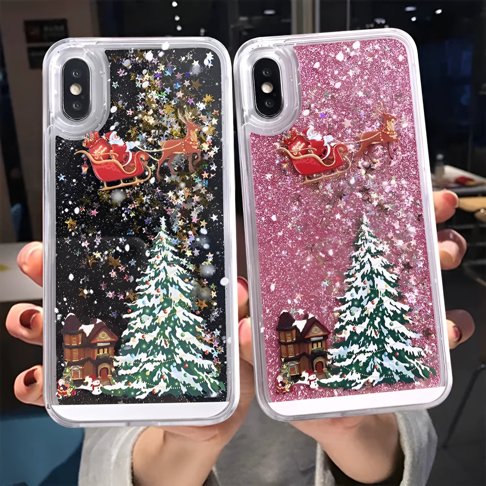 Christmas quicksand design phone case showing Santa Claus and tree patterns through transparent layers