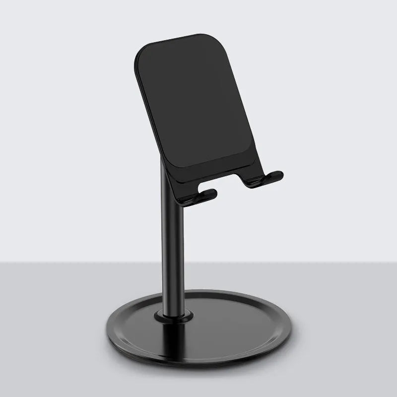Aluminium alloy mobile phone and tablet stand in black or white on a desk