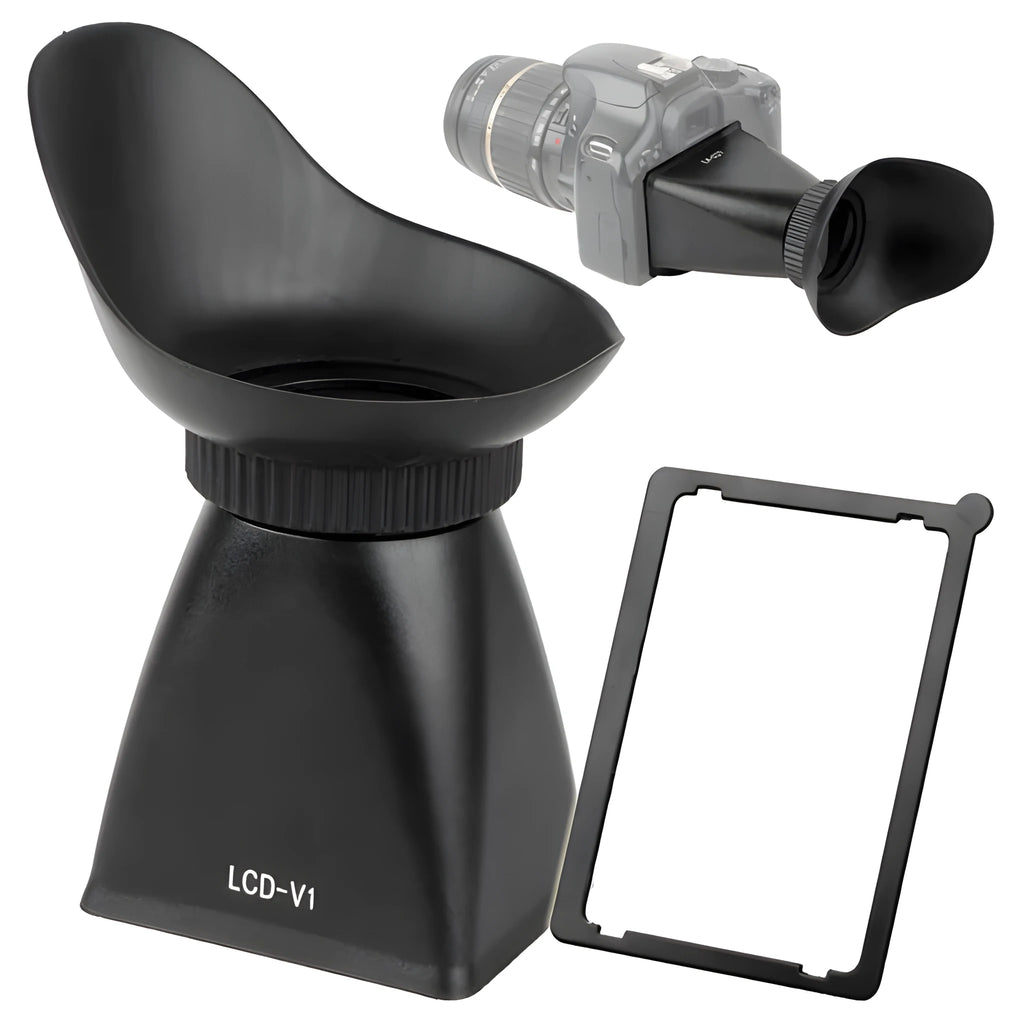 Black camera LCD framing amplifier with magnifying lens attached to a DSLR, showing the 180-degree adjustable hinge.