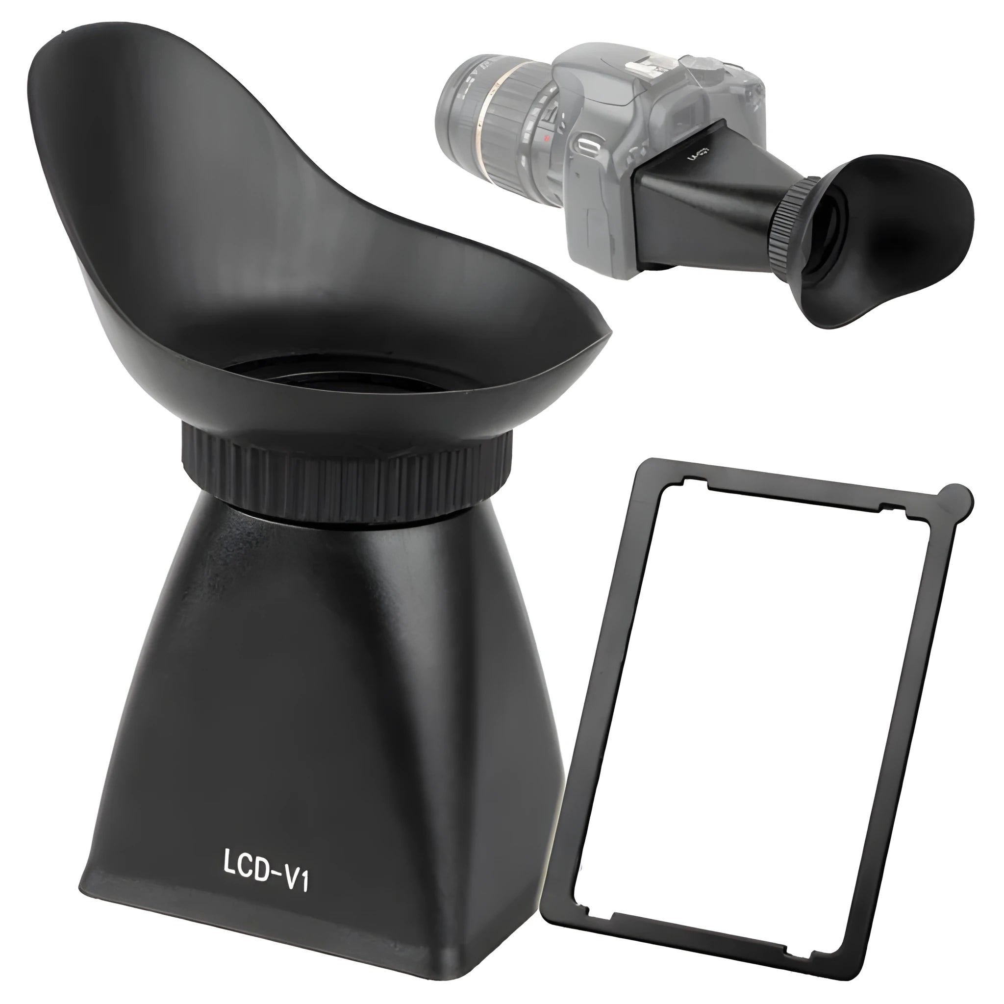 Black camera LCD framing amplifier with magnifying lens attached to a DSLR, showing the 180-degree adjustable hinge.