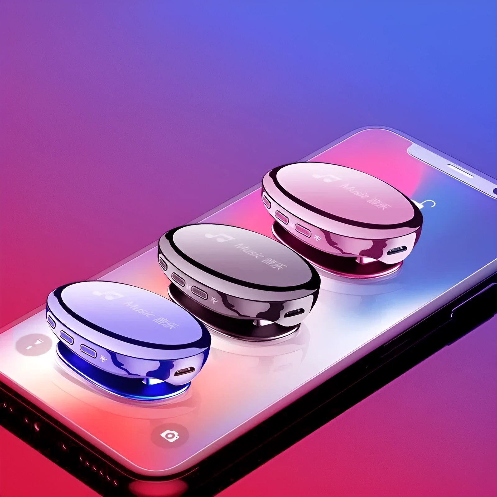 Blue Bluetooth MP4 music player with OLED screen showing music menu.