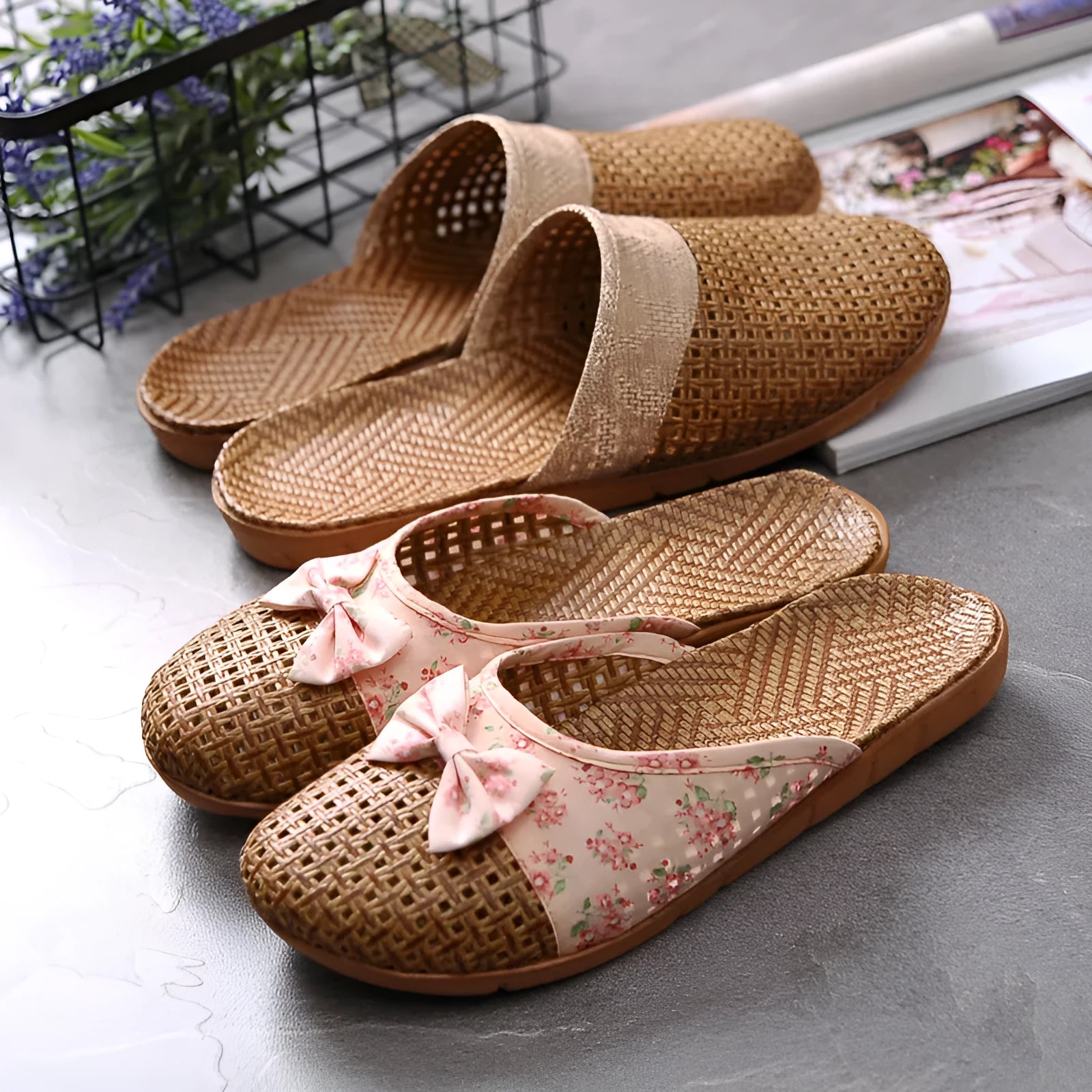 Indoor non-slip thick-soled floor linen slippers with toe holder, available in multiple colours