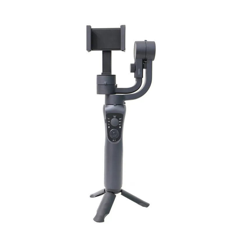 Black three-axis handheld gimbal stabilizer for mobile phones with extended battery and included hard case.