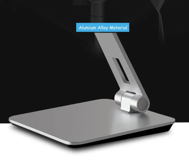 Foldable aluminium desktop stand holding a tablet at an angle.