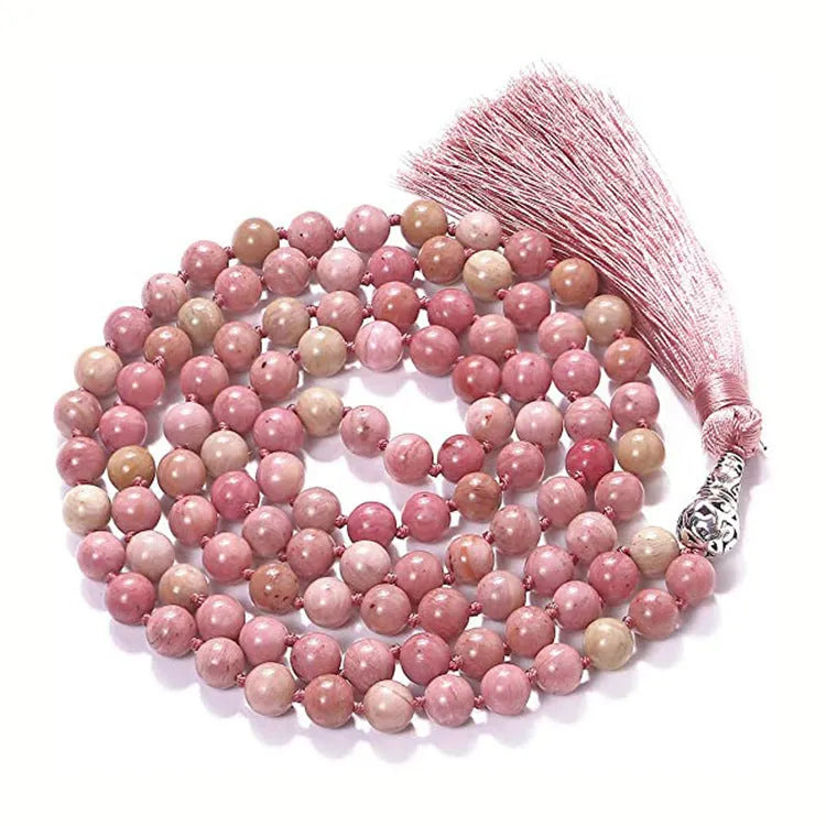 Long handmade agate and gemstone tassel necklace with amethyst, lapis lazuli, and blue stones.