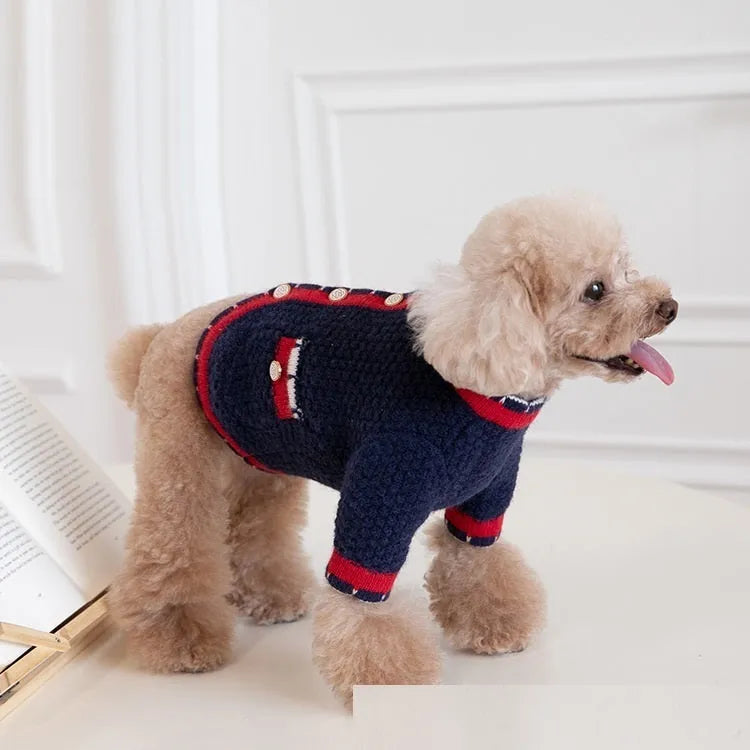 Blue knitted pet sweater cardigan with princess style design for dogs and cats