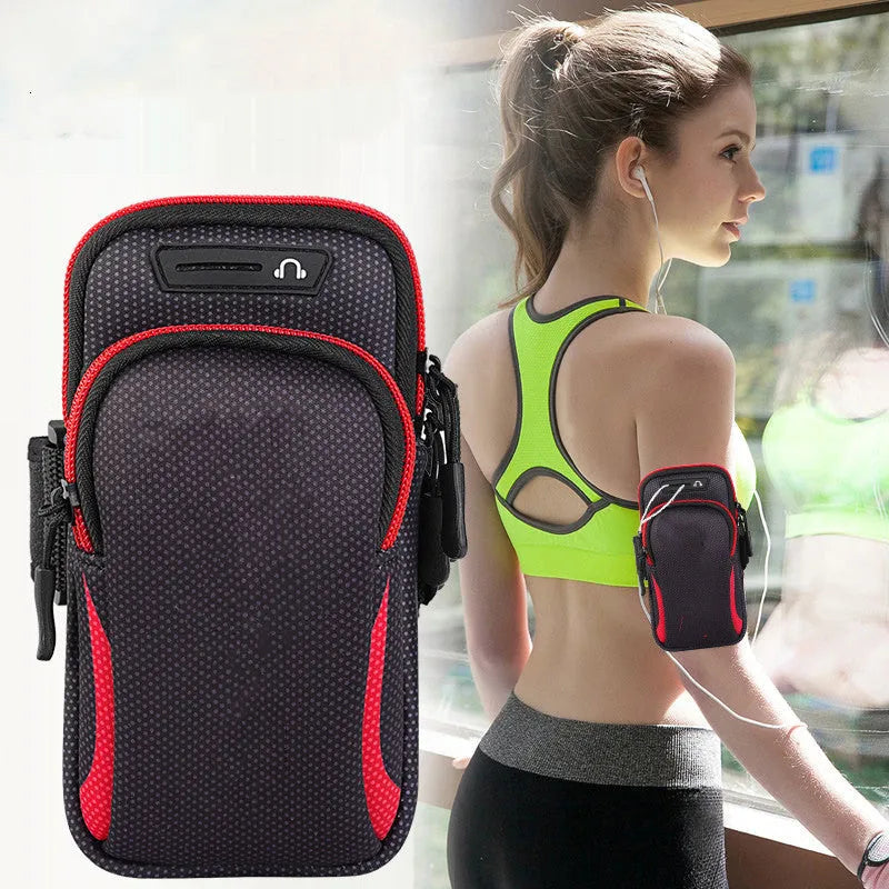 Nylon waterproof mobile phone arm bag with breathable mesh back panel on a person's arm