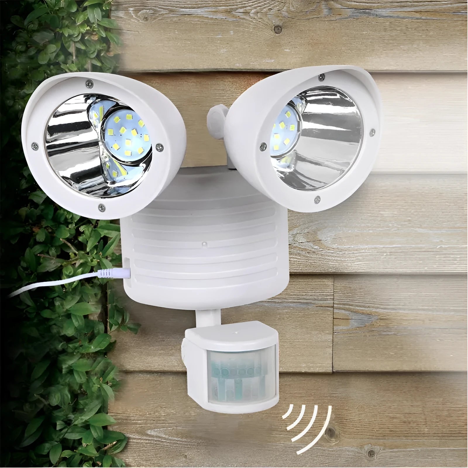 Black and white dual-head solar security spotlight with motion sensor for outdoor wall mounting
