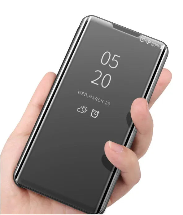 Luxury leather transparent mirror flip phone case for Samsung S10 Plus in black
