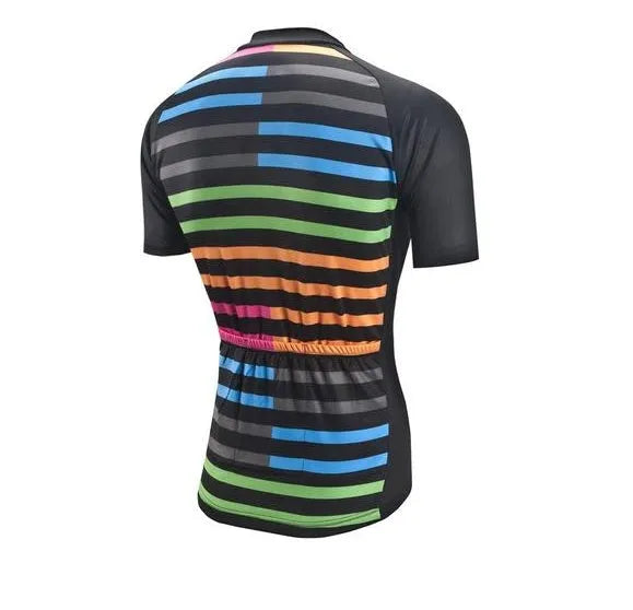 Short sleeve striped cycling jersey in lightweight polyester spandex with three back pockets