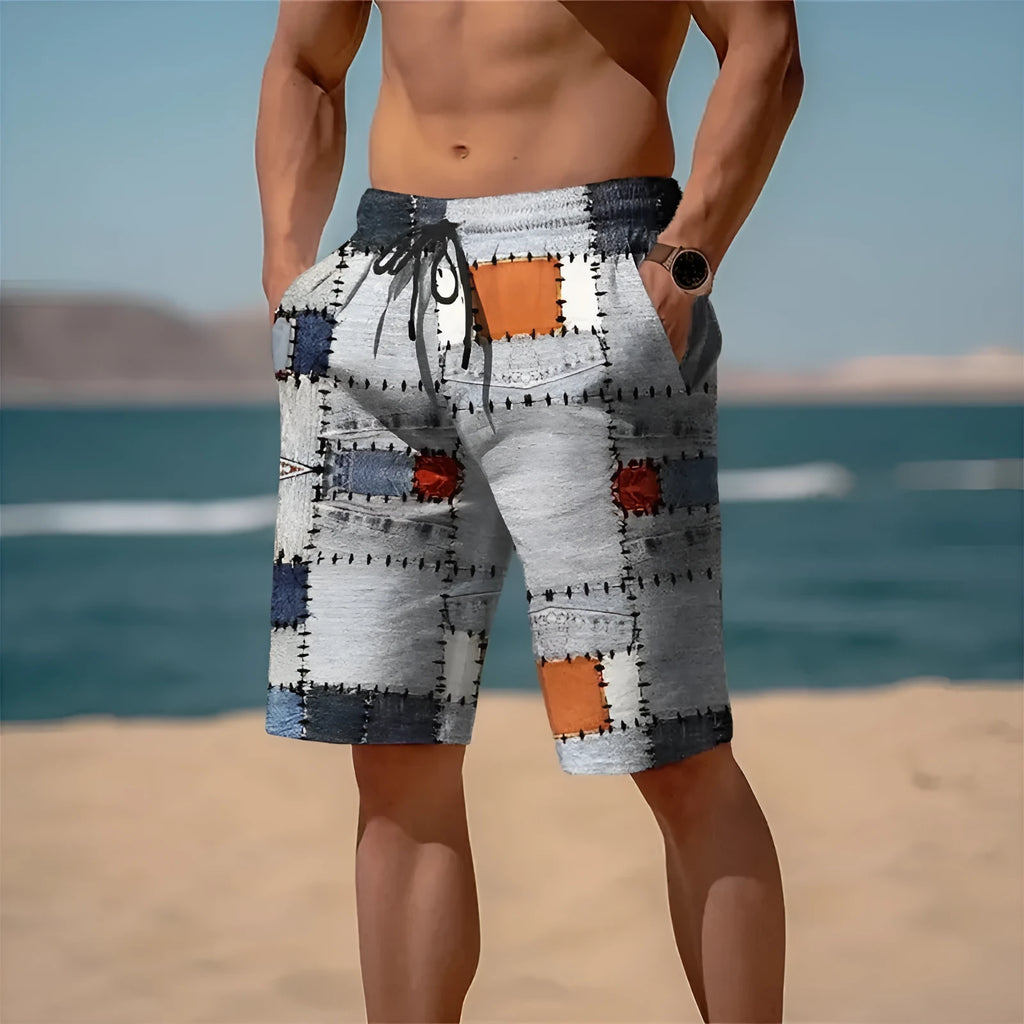 Men's 3D plaid mesh shorts in loose fit with micro-elastic fabric for summer wear