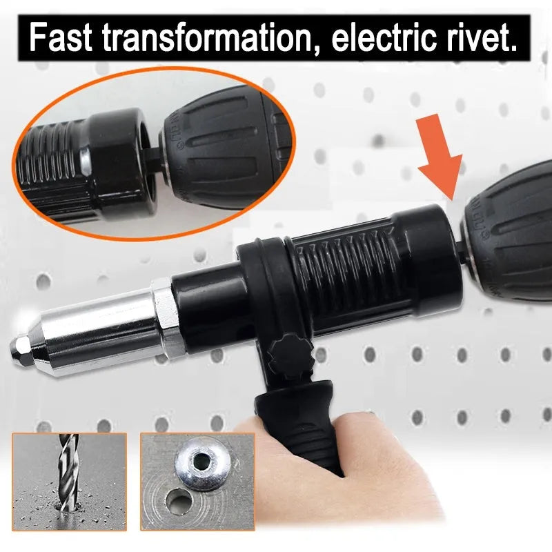 Black metal electric drill rivet gun attachment with wrench and four rivet heads.