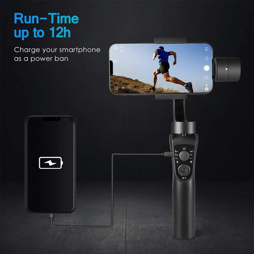 Black three-axis handheld gimbal stabilizer for mobile phones with extended battery and included hard case.