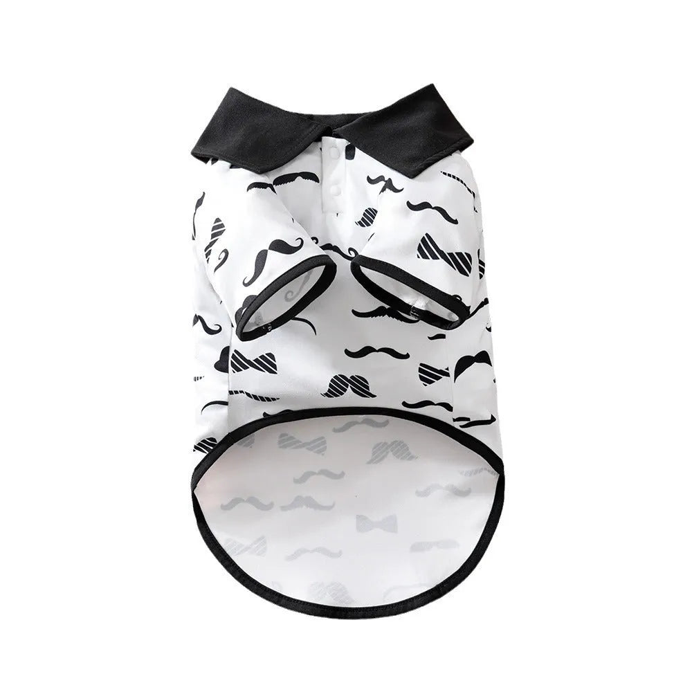 White gentleman beard style polyester dog coat shown on pet model with casual styling