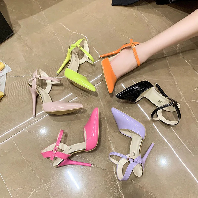 Women's 12cm green PU ankle-strap buckle sandals with fish-mouth toe and rubber sole