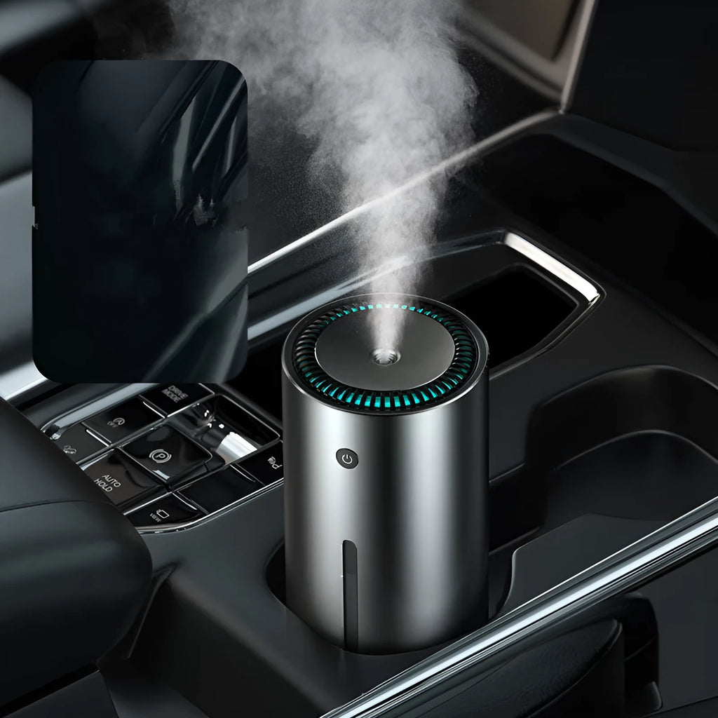 Black aluminium alloy car humidifier and air purifier with USB cable on a desk