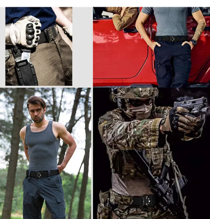 Cobra buckle tactical belt in nylon and zinc alloy, 125cm x 3.8cm, shown in Army Green, Black, and Khaki