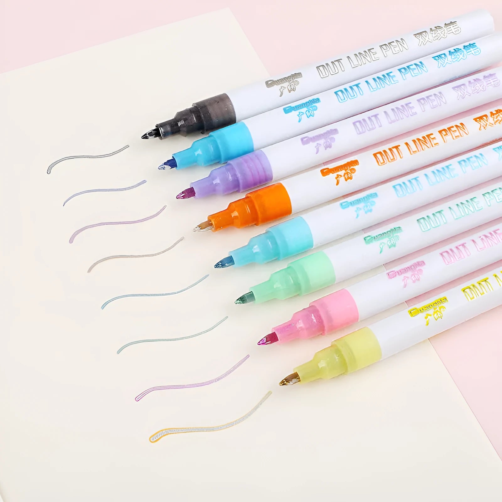 Set of eight fluorescent highlighter pens with 2mm tips in a plastic storage box.