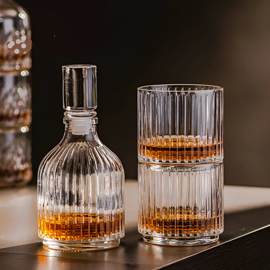 Modern simplicity clear glass whiskey cup with diamond pattern on a table, single piece