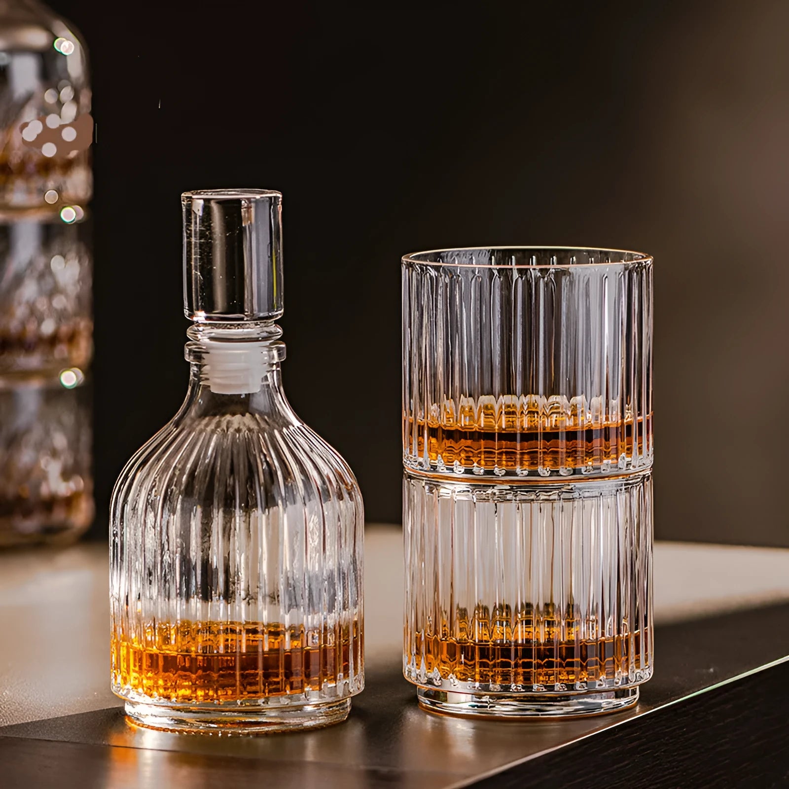 Modern simplicity clear glass whiskey cup with diamond pattern on a table, single piece