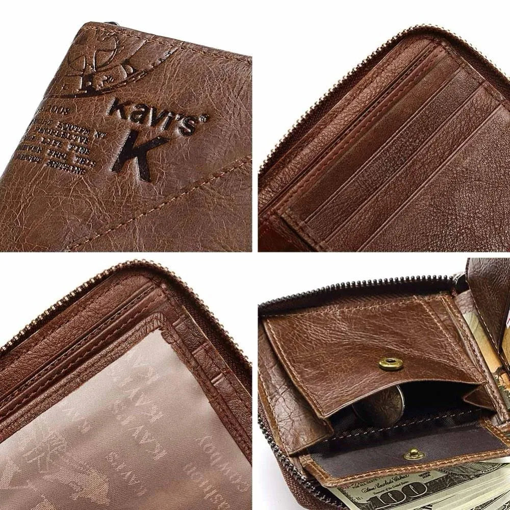 Men's brown genuine leather wallet with multiple compartments and zipper closure