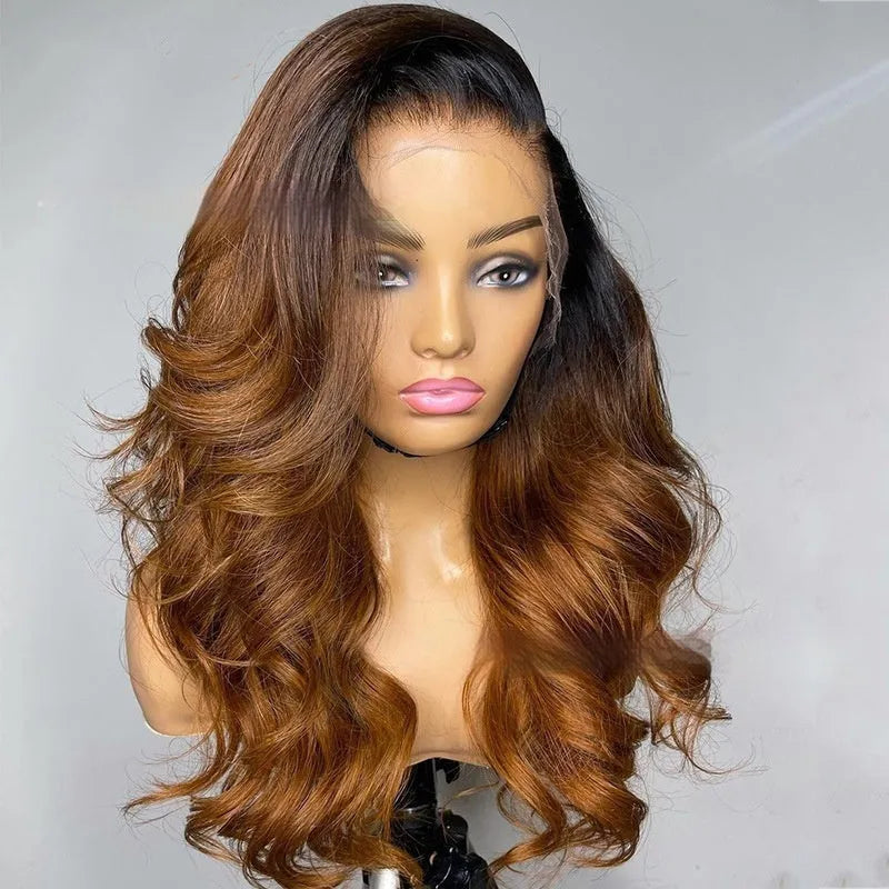 A woman wearing a long, gradient brown human hair lace front wig with a natural hairline.