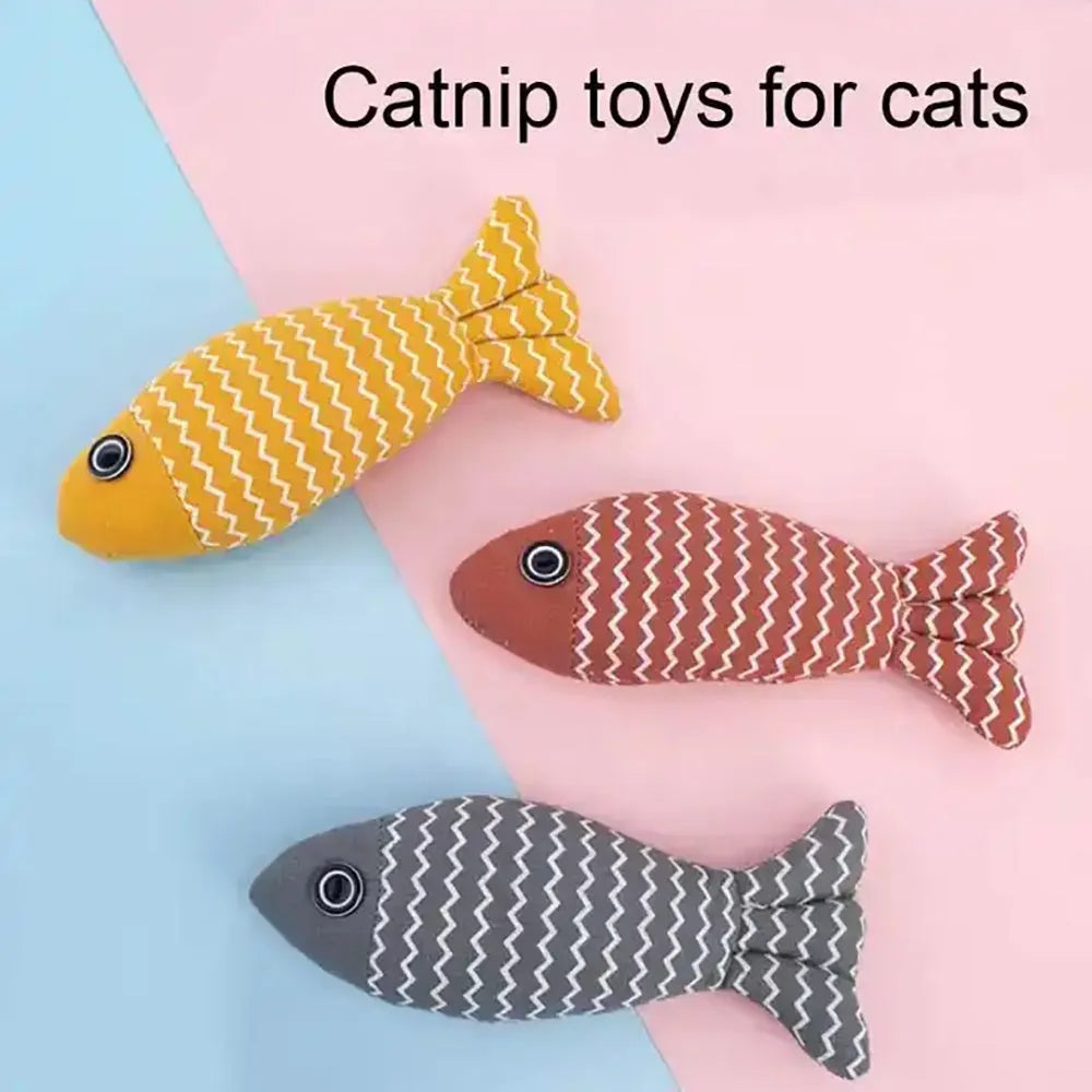 Burlap fish catnip toy with crinkle sound, soft plush material, 8.27 inches long