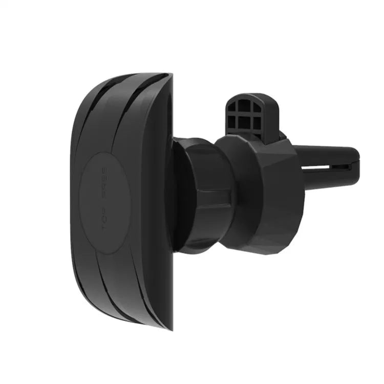 Black universal car phone holder attached to a car air vent, showing flexible gooseneck arm and adjustable phone cradle.