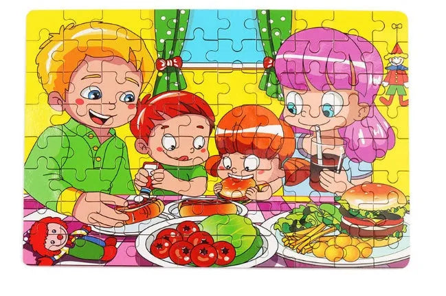 80 piece wooden animal puzzle educational toy set for children in a metal storage box