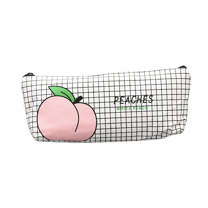 Rectangular canvas pen pouch 20cm x 8.5cm in Grid, White Peaches, black and white options