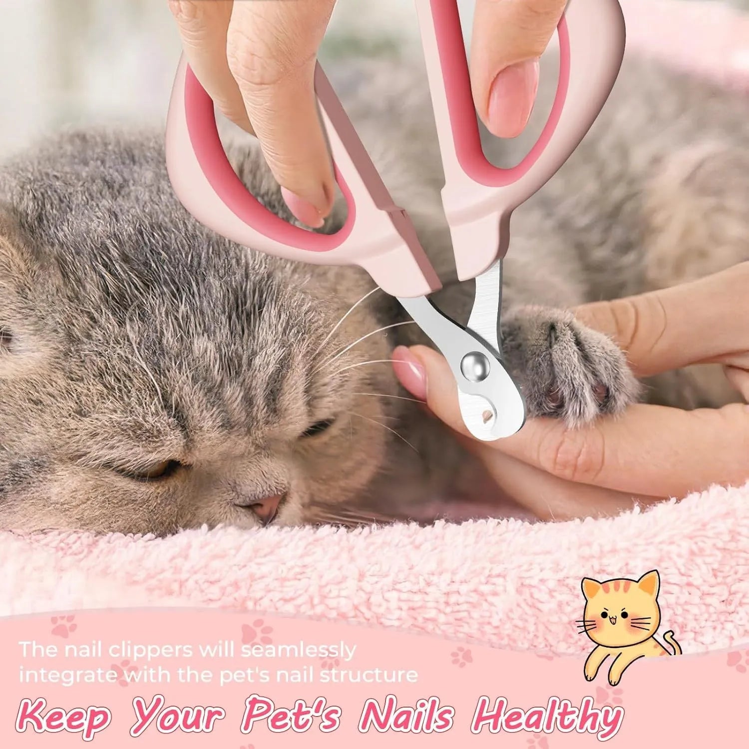 Blue pet nail clipper with a round positioning hole and stainless steel blade for trimming cat nails.