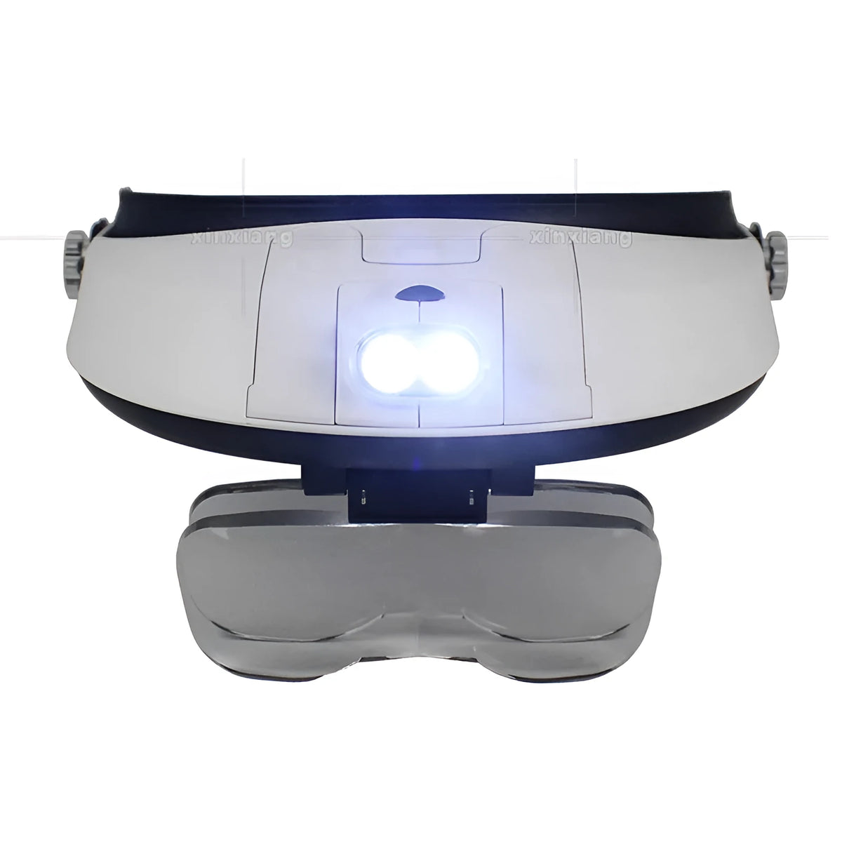 Headband magnifier with adjustable head strap, two LED lights, and five interchangeable lenses
