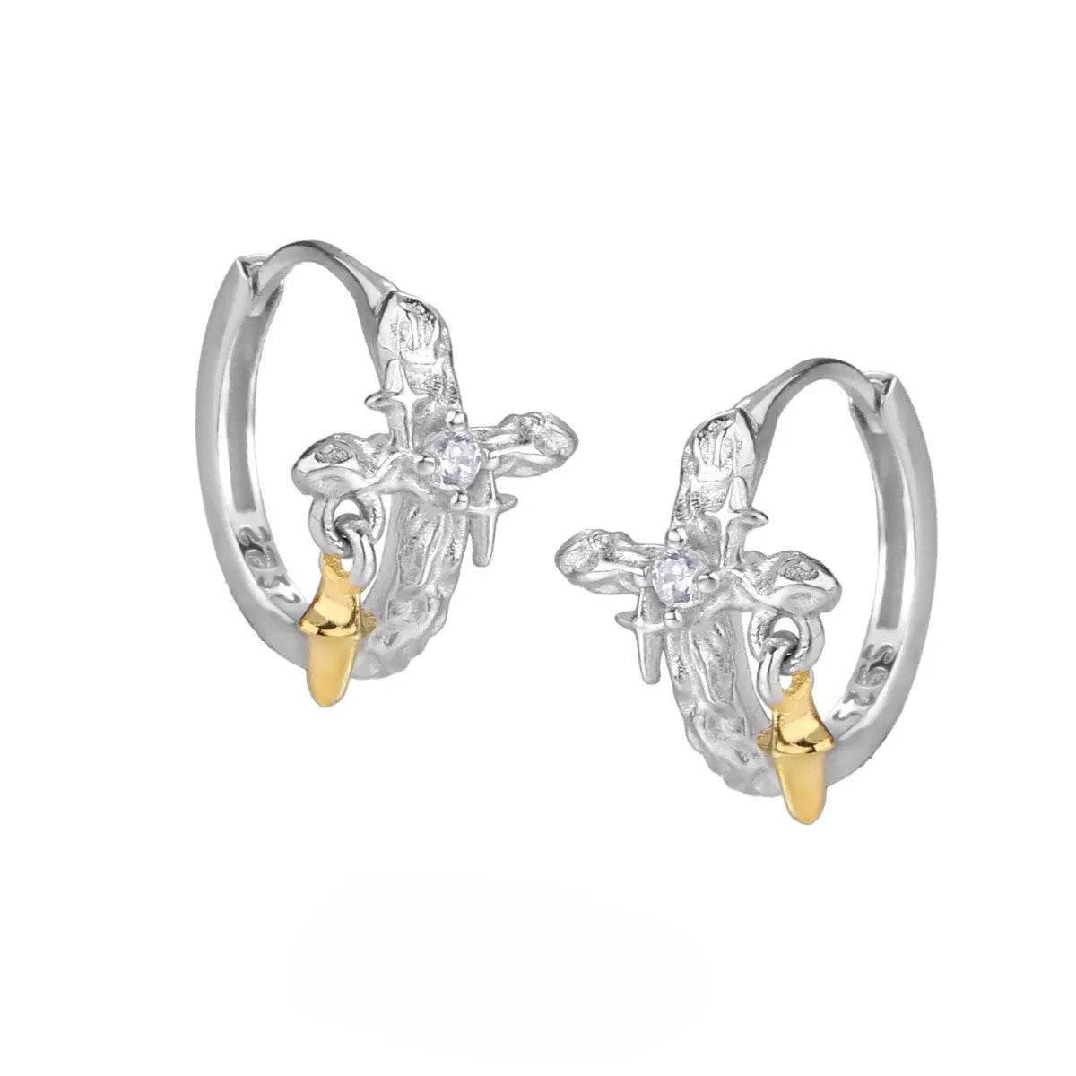 925 silver cross earrings with geometric design and white gold electroplated finish