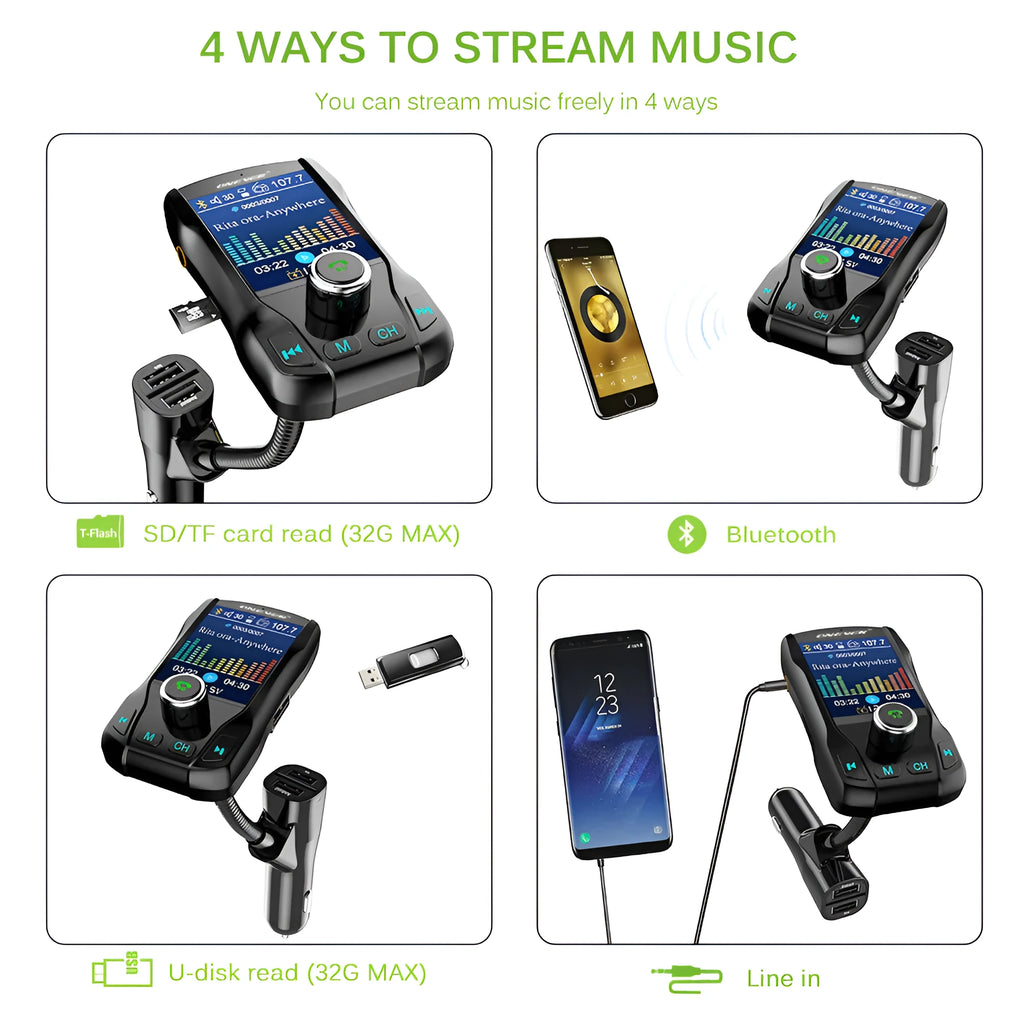 Car Bluetooth FM transmitter with colour screen showing FM frequency and dual USB charging ports