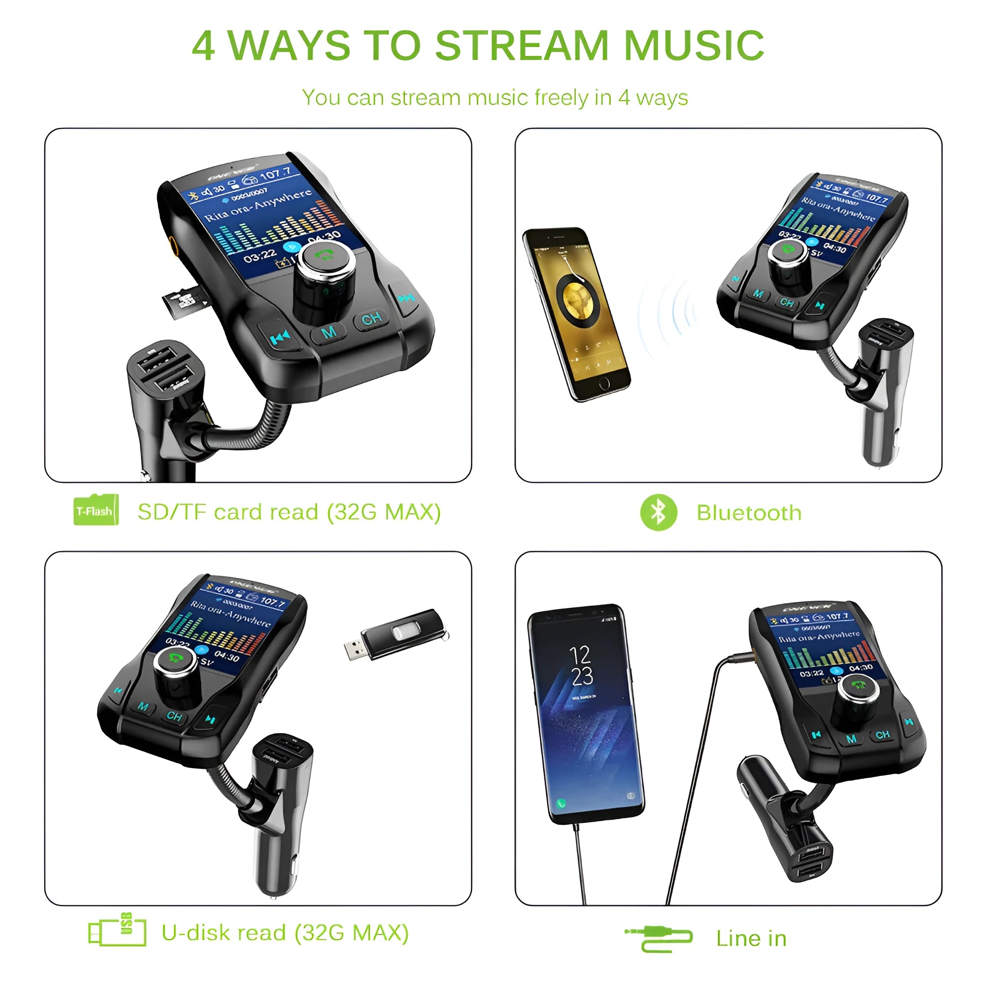 Car Bluetooth FM transmitter with colour screen showing FM frequency and dual USB charging ports
