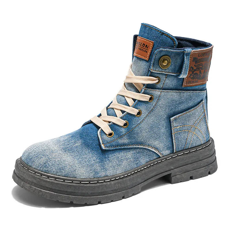 Men's mid-top canvas Martin boots in black or blue, sizes 39-48, with 3-5cm mid heel and PVC sole