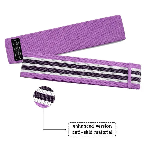 Set of three coloured fabric resistance bands and a net storage bag for home fitness.