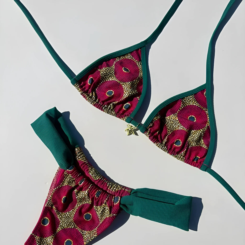 Women's two-piece micro bikini swimsuit in polyester, briefs style, backless, sizes S M L, colour IS18037G1