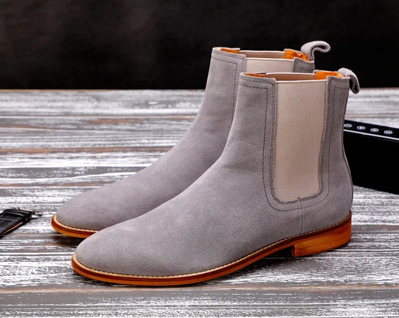 Men's genuine leather Chelsea boots in khaki with side zip closure and ankle height