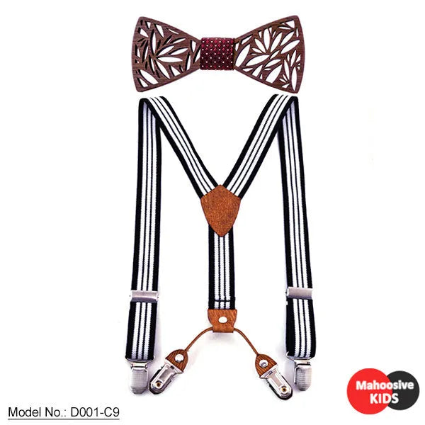 Children's wooden bow tie set with striped suspenders and belt on a boy for wedding