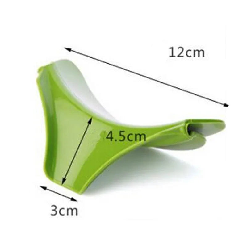 Green silicone kitchen funnel with clamp for round pots showing 12cm measurement