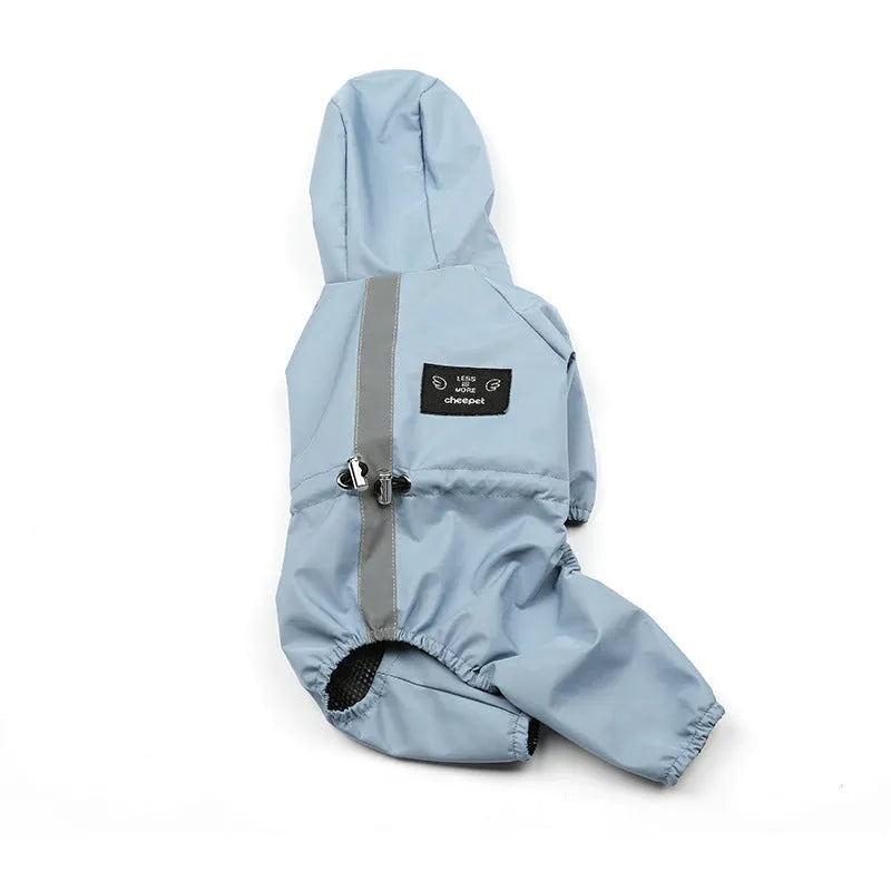 Blue waterproof hooded reflective raincoat for dogs on a white background
