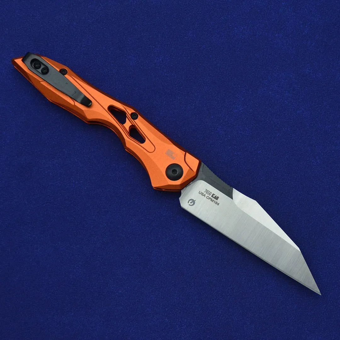 Black folding fruit knife with D2 steel blade and aluminium handle, shown open with measurements.
