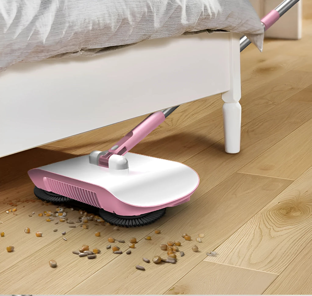 3-in-1 hand push sweeper with 360-degree rotating brush in powder colour, suitable for wood and tile floors