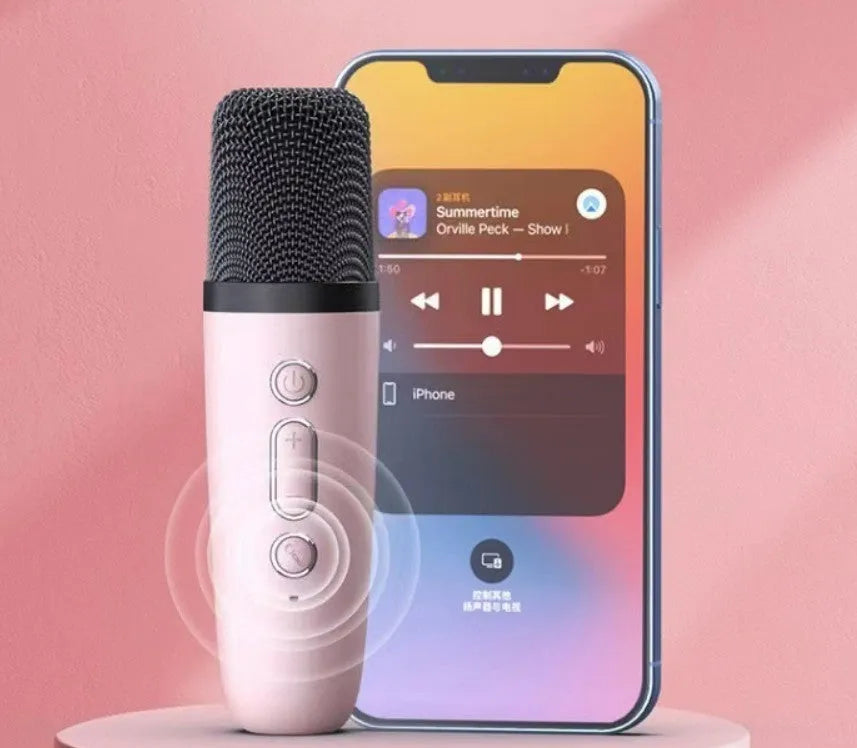 Portable Bluetooth karaoke speaker with microphone and coloured LED lights in pink, sky blue, and white colour options.