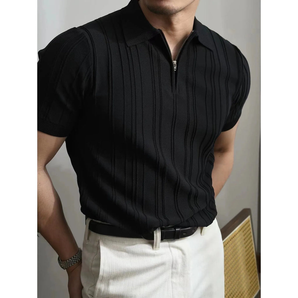 Men's loose-fit zipper short-sleeve knitted polo shirt in black, front view with lapel collar