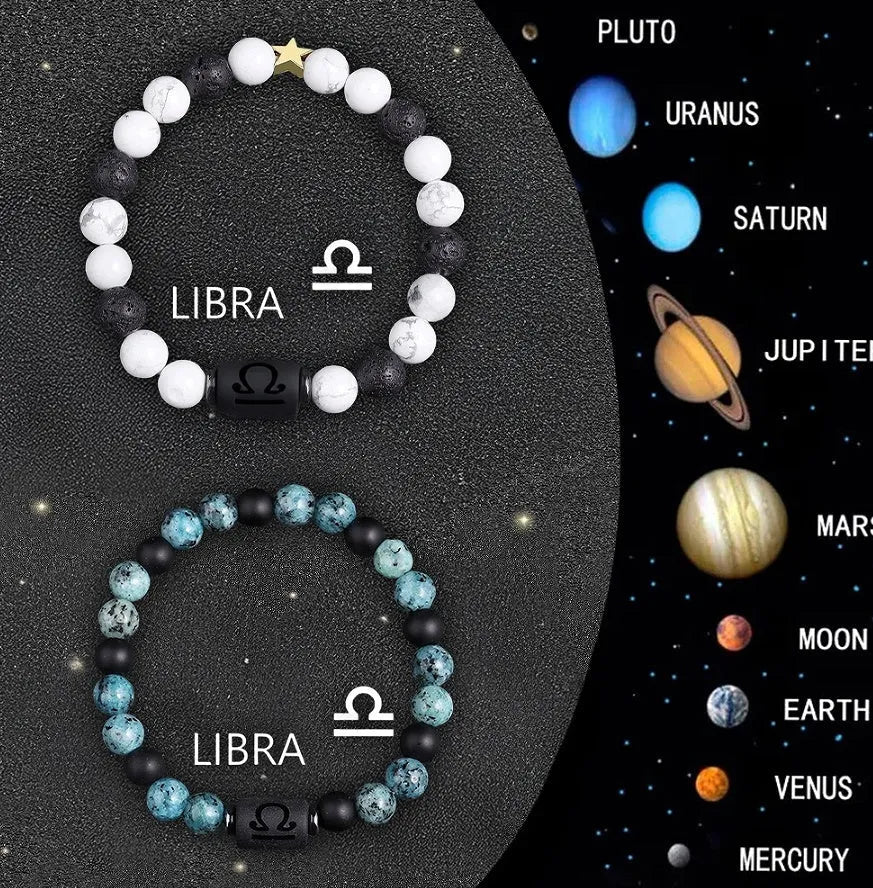 Set of twelve natural stone beaded bracelets for zodiac signs on elasticated string.