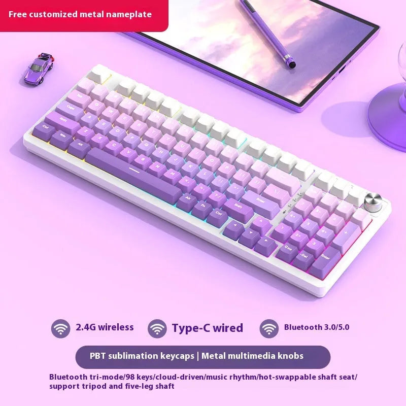 98-key wireless Bluetooth mechanical keyboard kit with metal knob on desk