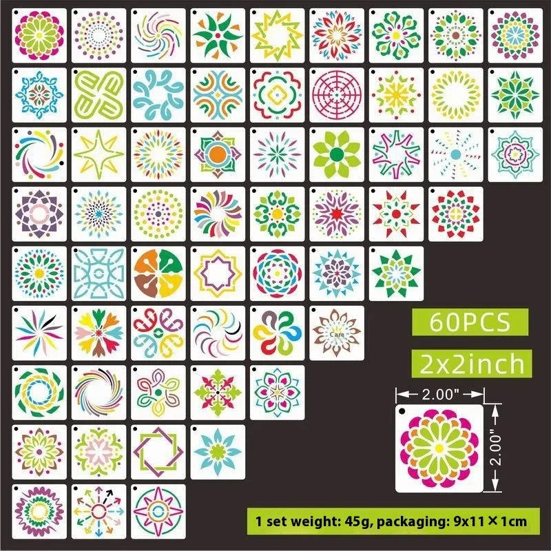 Milky white PET film hollow spray painting stencils showing flower, leaf, bird, ocean, animal, Hawaiian, letter, and mandala designs.
