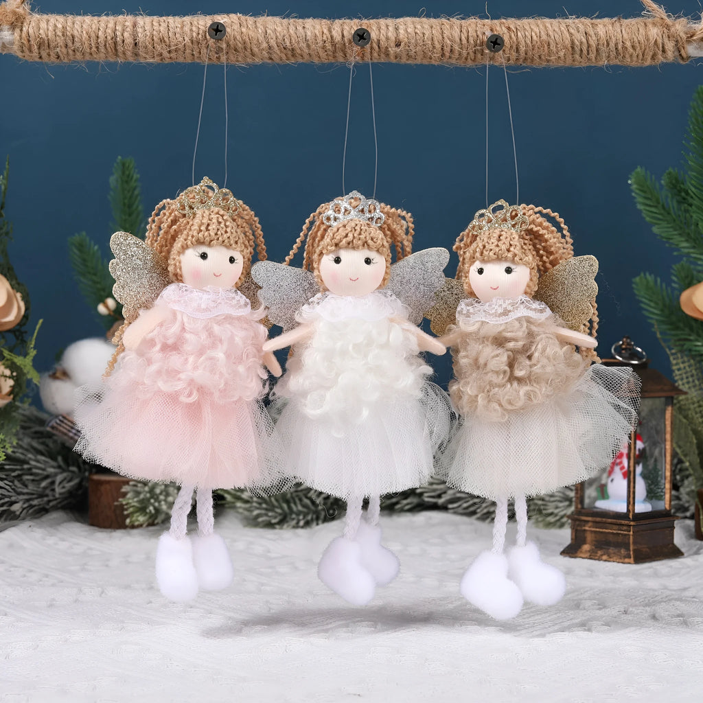 Girl's fabric Christmas angel pendant crown hair clip on a high ponytail, in white, pink, or khaki.